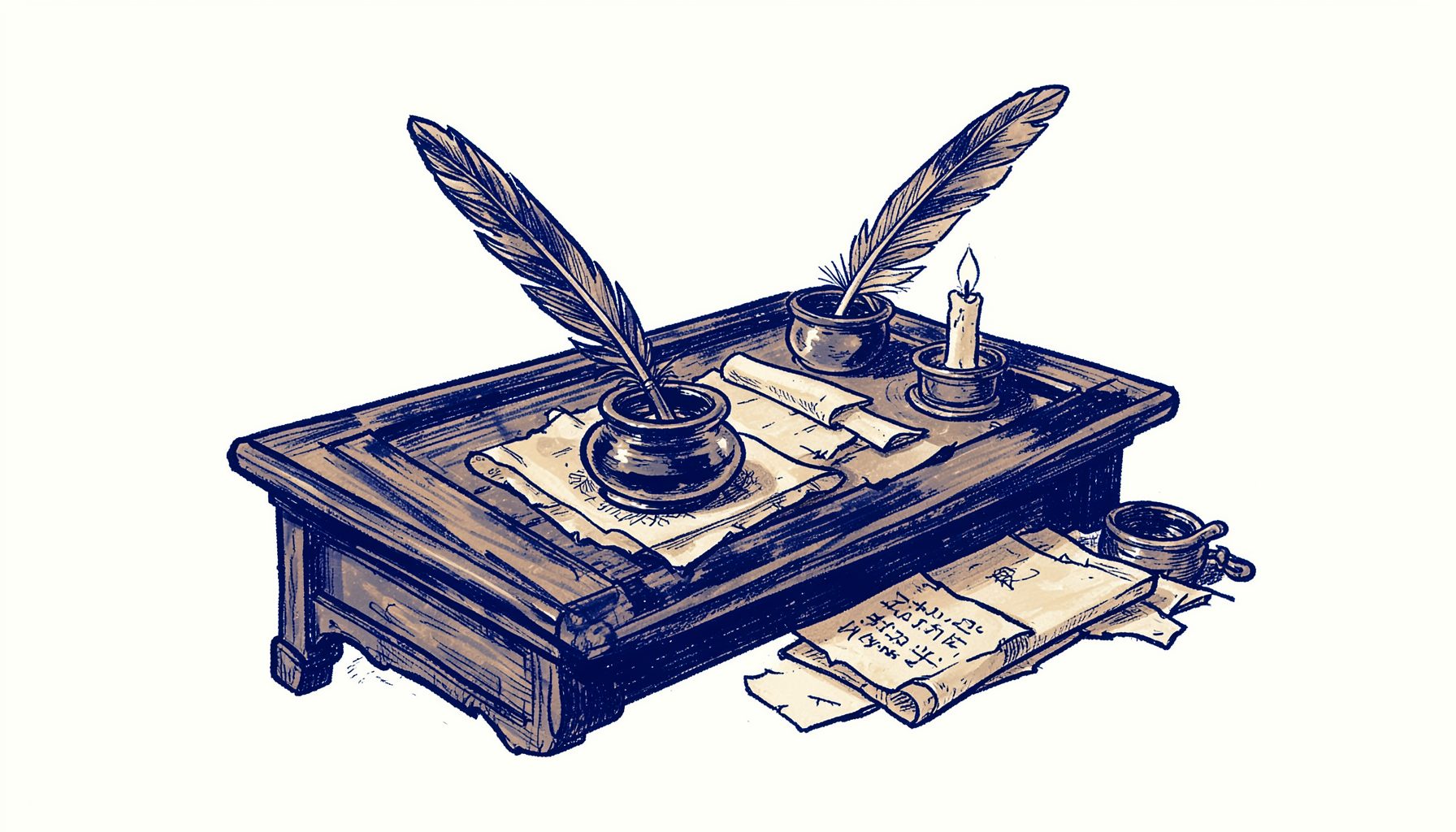 A hand-drawn ink illustration of an antique writing desk with a quill pen resting in an inkwell, scattered parchment pages, and soft navy-blue washes